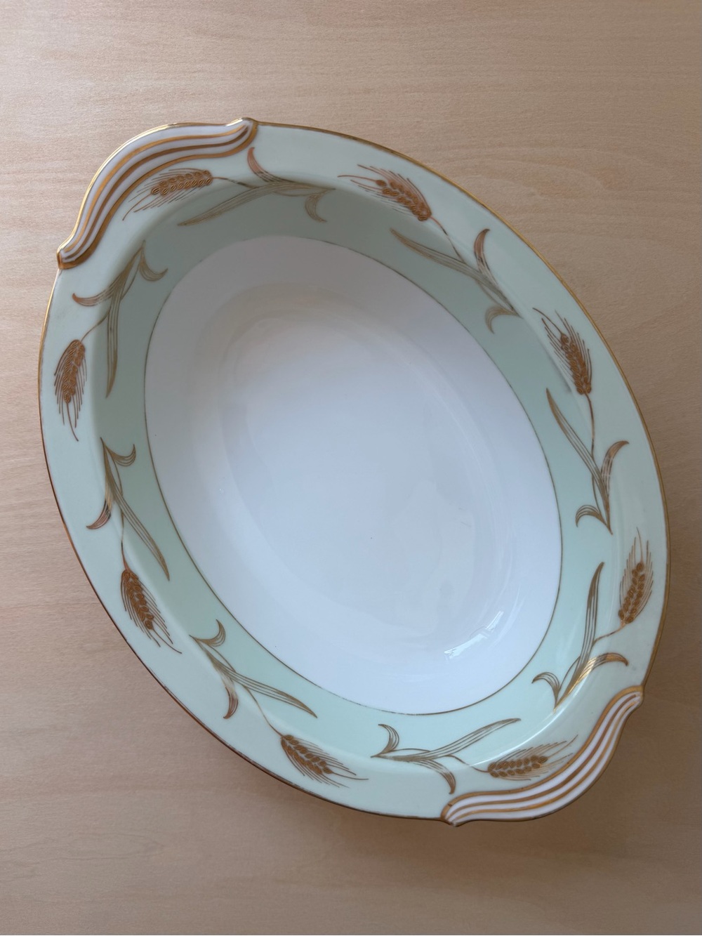 Noritake Pale Green and Gold Porcelain Serving Bowl with Wheat Motif